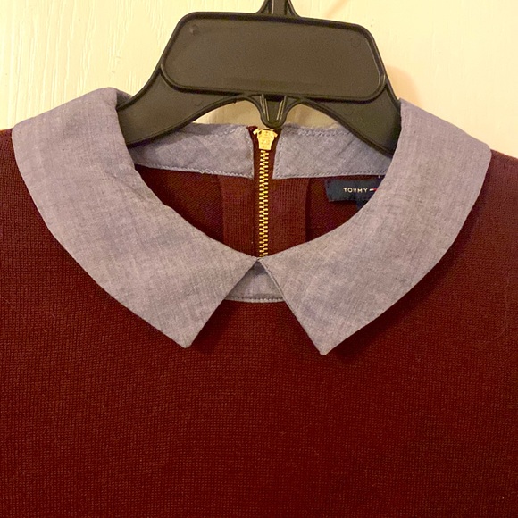Tommy Hilfiger Sz S Burgundy & Blue Collar & Hem “Faux Double” - Picture 2 of 10